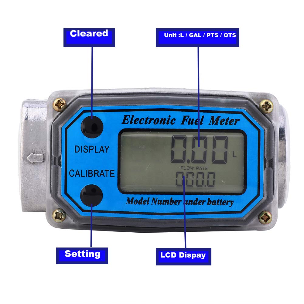 Débitmètre numérique en aluminium avec écran LCD pour carburant diesel kérosène, entrée/sortie FNPT 1 POUCE (10-100 LPM) - Unité de mesure compatible L/GAL/PTS/QTS