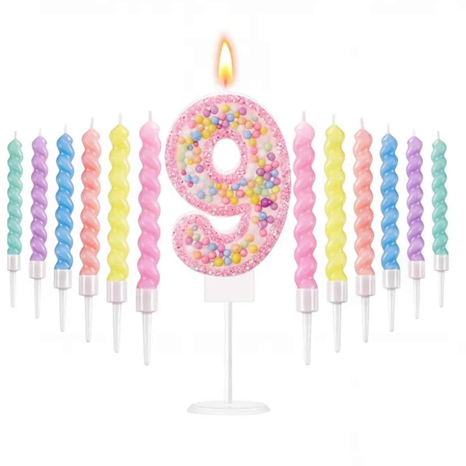 Pink Macaron 9th Birthday Candles Set, Number 9 Birthday Candle with 12pcs Spiral Candles for Girls Boy 9th Birthday Decorations, Rainbow Cake Topper for Party Decoration, Baby Showers Supplies