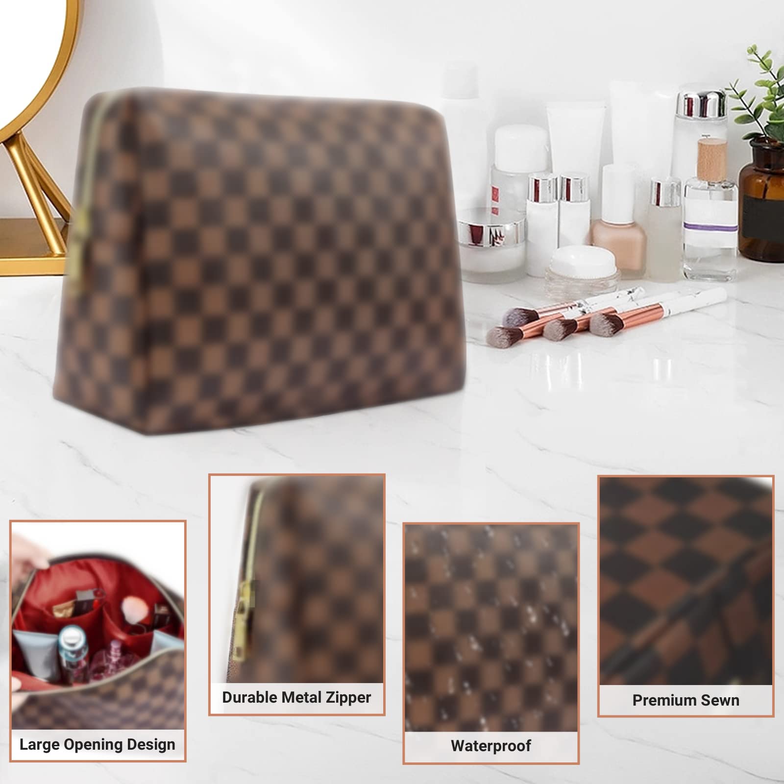 Checkered PU Leather Makeup Bag Set, 2-Piece Travel Cosmetic Organizer