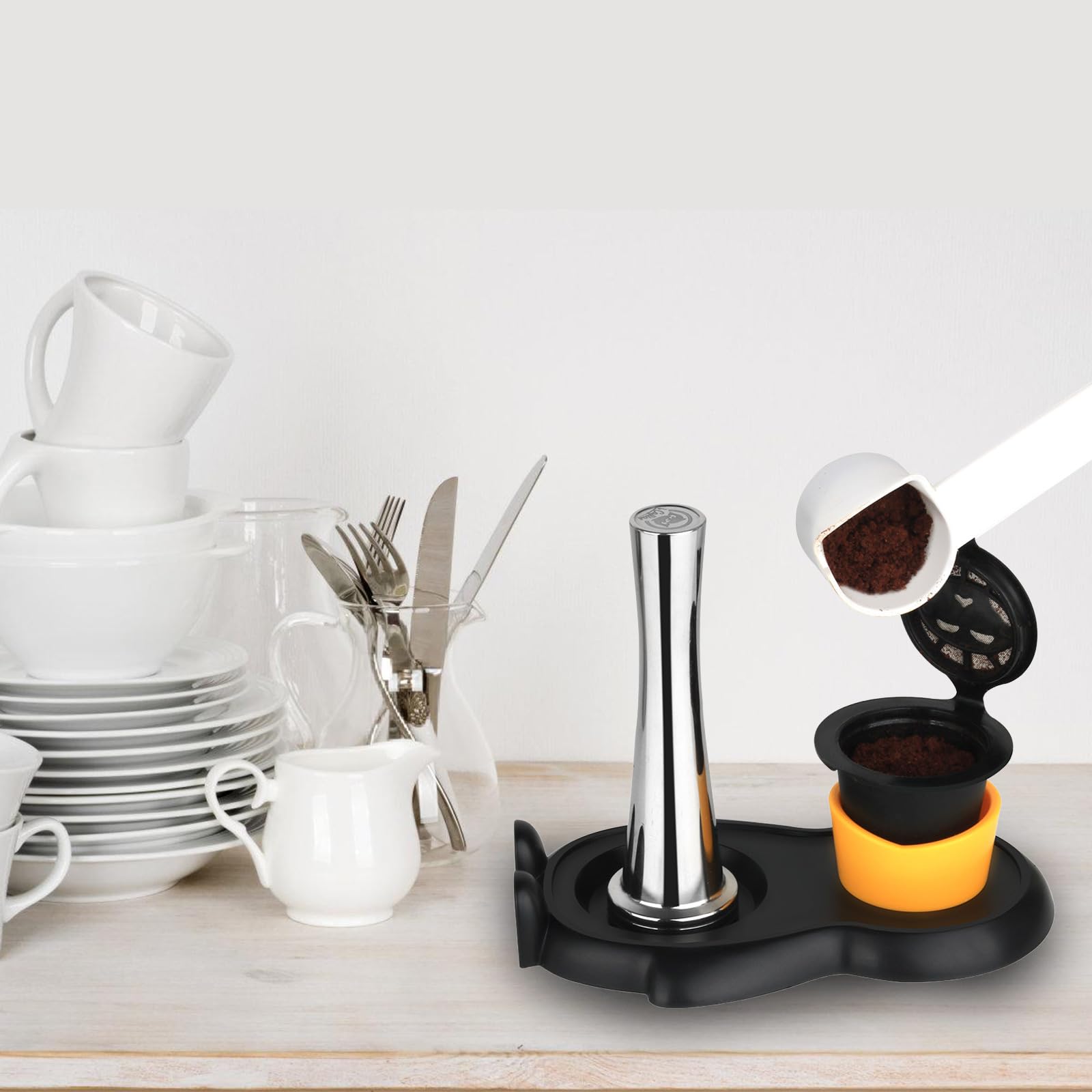 PURPLELILY Martillo de acero inoxidable para prensar café espresso en polvo para portafiltro cápsula, cepillo de limpieza para máquina de café