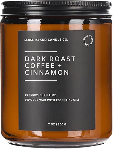 SENSE ISLAND Vela de otoño perfumada de café tostado oscuro con canela, cera de soja natural de 7 onzas, hasta 50 horas de tiempo de combustión,