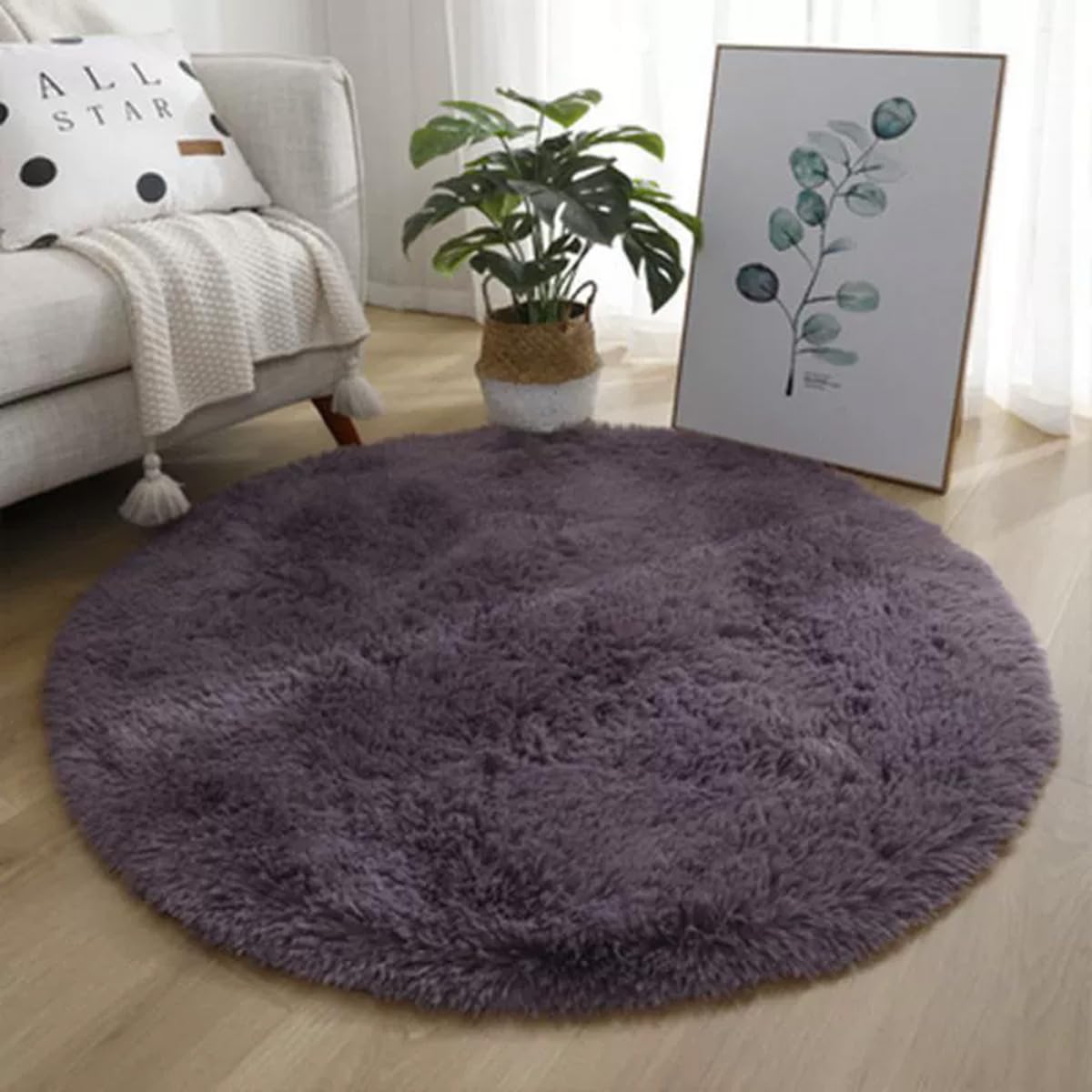 Mozzeilee Round Bath Mat, Plush Machine-Washable Bathroom Shower Floor Rug for Bathtub-Side, Extra Soft Absorbent Fluffy Foot Mat for Hallway Living Room Bedroom (Dark Purple,80cm(Round))