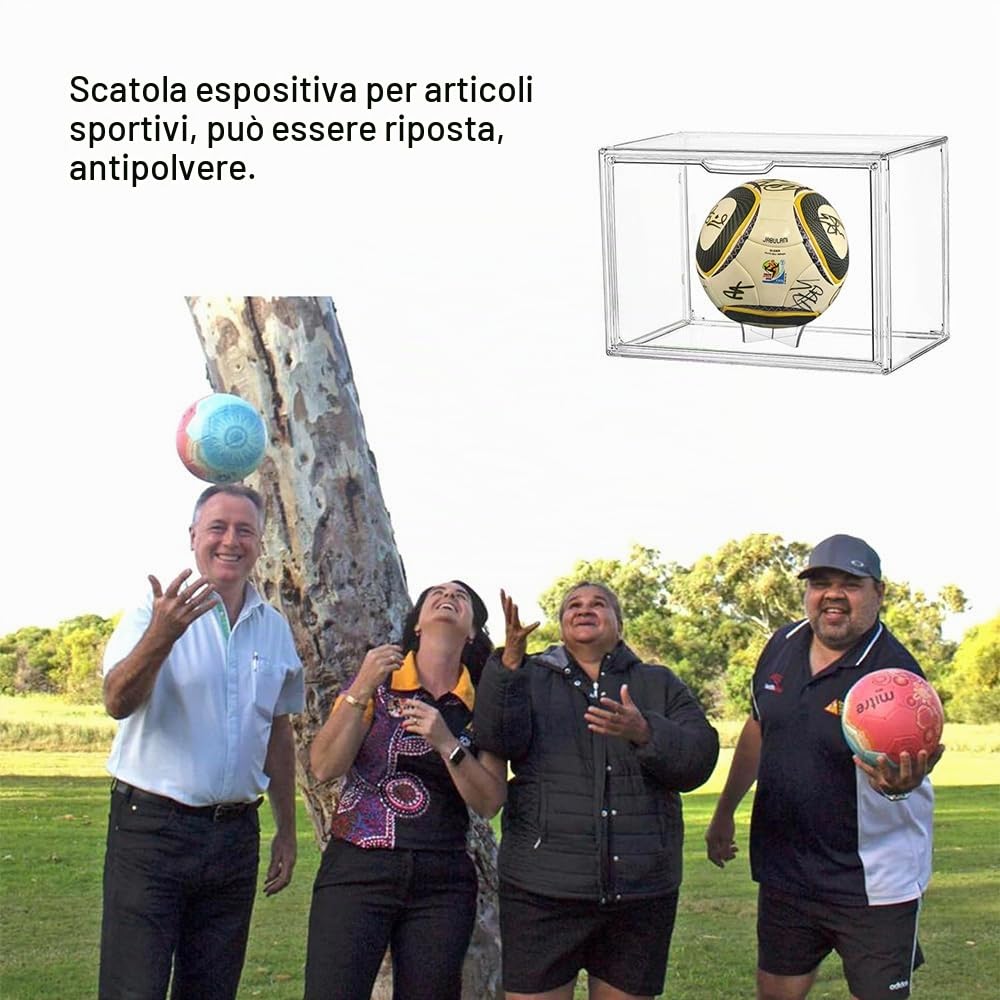 Vetrina Pallone da Calcio Acrilica Trasparente Impilabile con Stand,40x25x30cm Scatola Espositiva Grande Antipolvere con Porta per Basketball Pallavolo Giocattoli