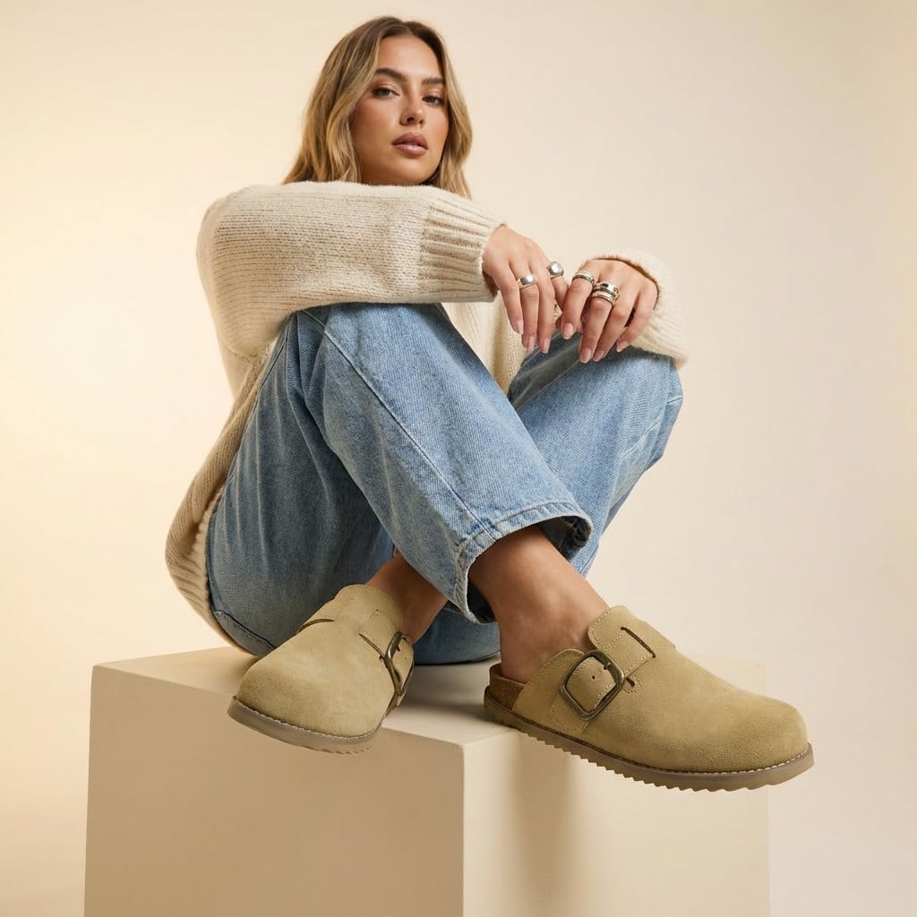 CUSHIONAIRE Women's Blain Genuine Suede Slip-On Clogs with + Memory Foam & Chic Buckle Mule - Comfortable, Non-Slip, Wide Widths Available - Image 2