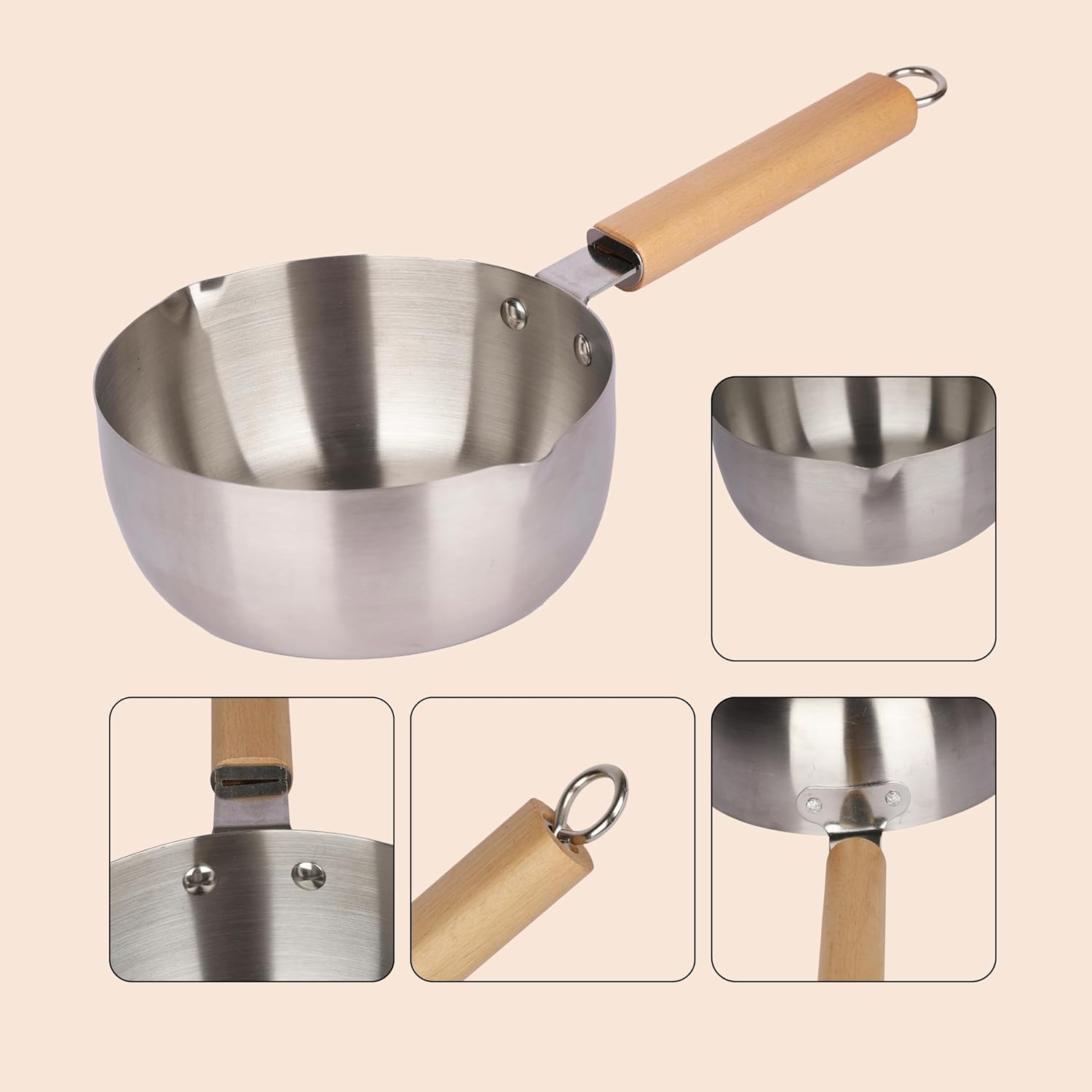 JEEJEX Traditional Japanese Saucepan Non- Stick Aluminium Mil Sauce Pan Milk Pot with Wooden Handle Pouring Spout for Soup Noodles, Sugar Chocolate Melting Pot (Silver-18CM,1-Pcs) 3
