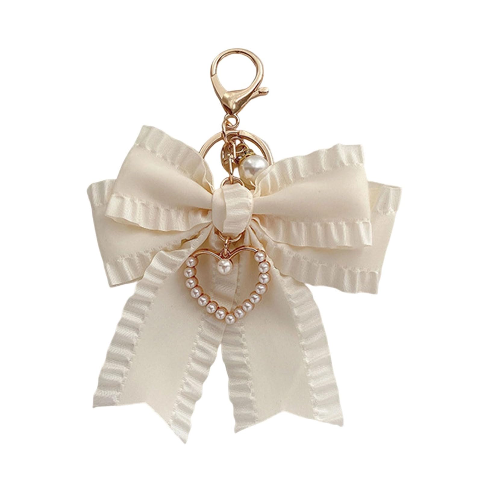 Osniyaw Women's Beige Stylish Bowknot Keychain With Pearls Fashion Bag Charm Cuteness Purse Accessory Delicate Hanging Pendant For And Bag Handbag Accessories