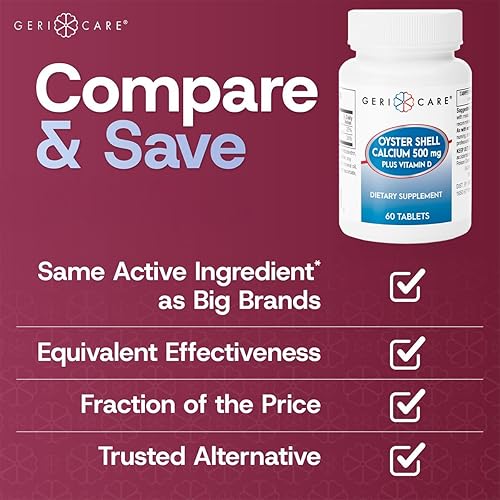 Miniatura 2 de GeriCare Oyster Shell Calcio 500mg + Vitamina D, Salud ósea, Tabletas de suplemento nutricional, 60 unidades (paquete de 1