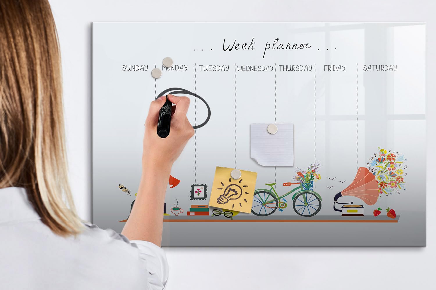 Lavagna in Vetro Magnetica con Accessori | Magneti Potenti, Pennarello e Gomma Inclusi | Ottima per Casa, Ufficio e Scuola - 90x60 - Agenda settimanale