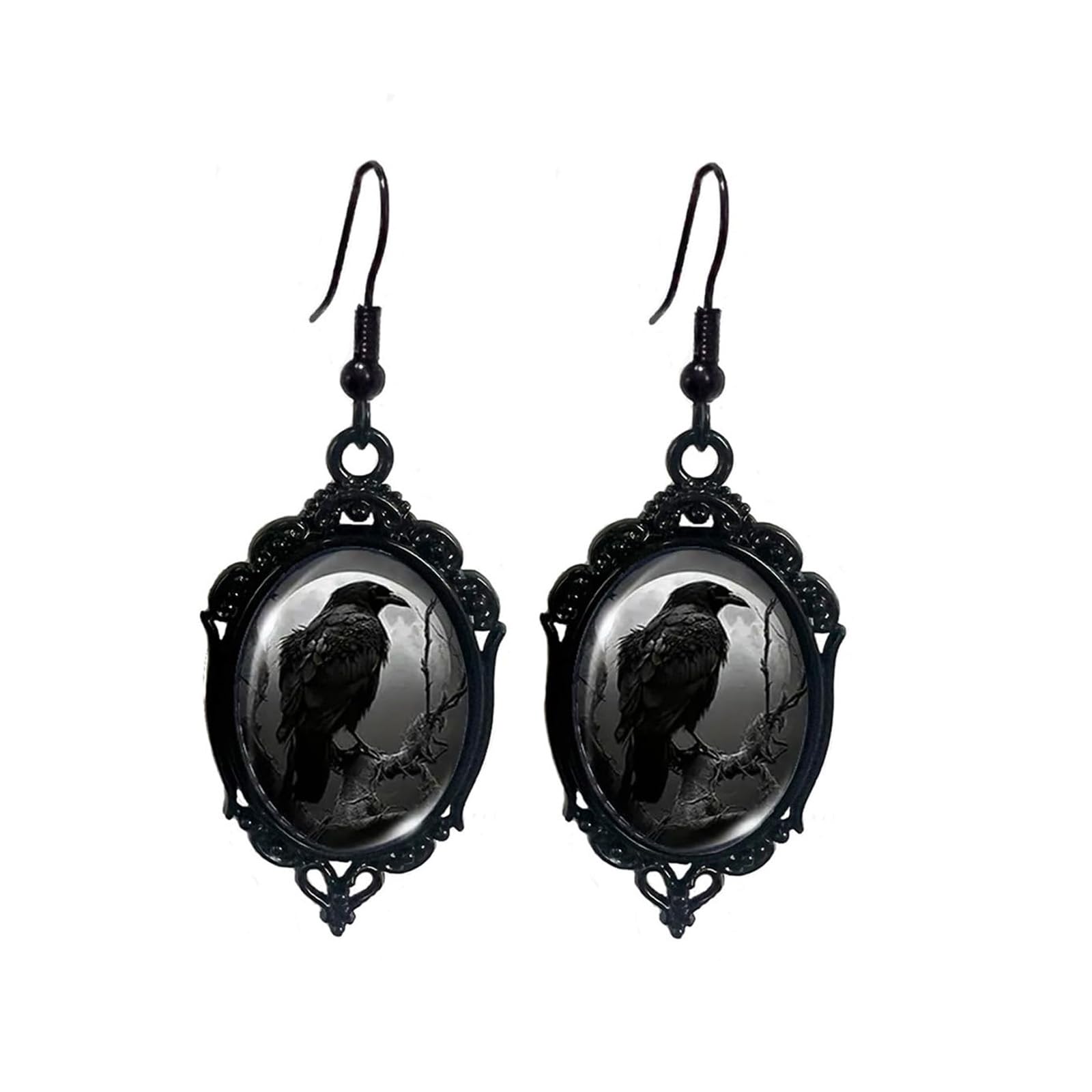 wsycoo Gothic Earrings Necklace Set Goth Raven Earrings Vintage Raven Glass Pendant Necklace Victoria Witch Necklace Punk Style Dark Earrings Goth Victorian Earrings Halloween Jewelry for Women