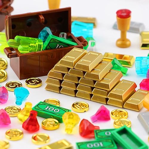 Miniatura 2 de Feleph Treasure Accessories - Juego de bloques de construcción de dinero, joyas, diamantes de gemas, barra de plata de azulejos dorados, cristales