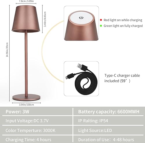 Miniatura 6 de Maksone Paquete de 2 lámparas de mesa LED inalámbricas, lámpara de escritorio con batería recargable de 6600 mWh, luz nocturna de atenuación