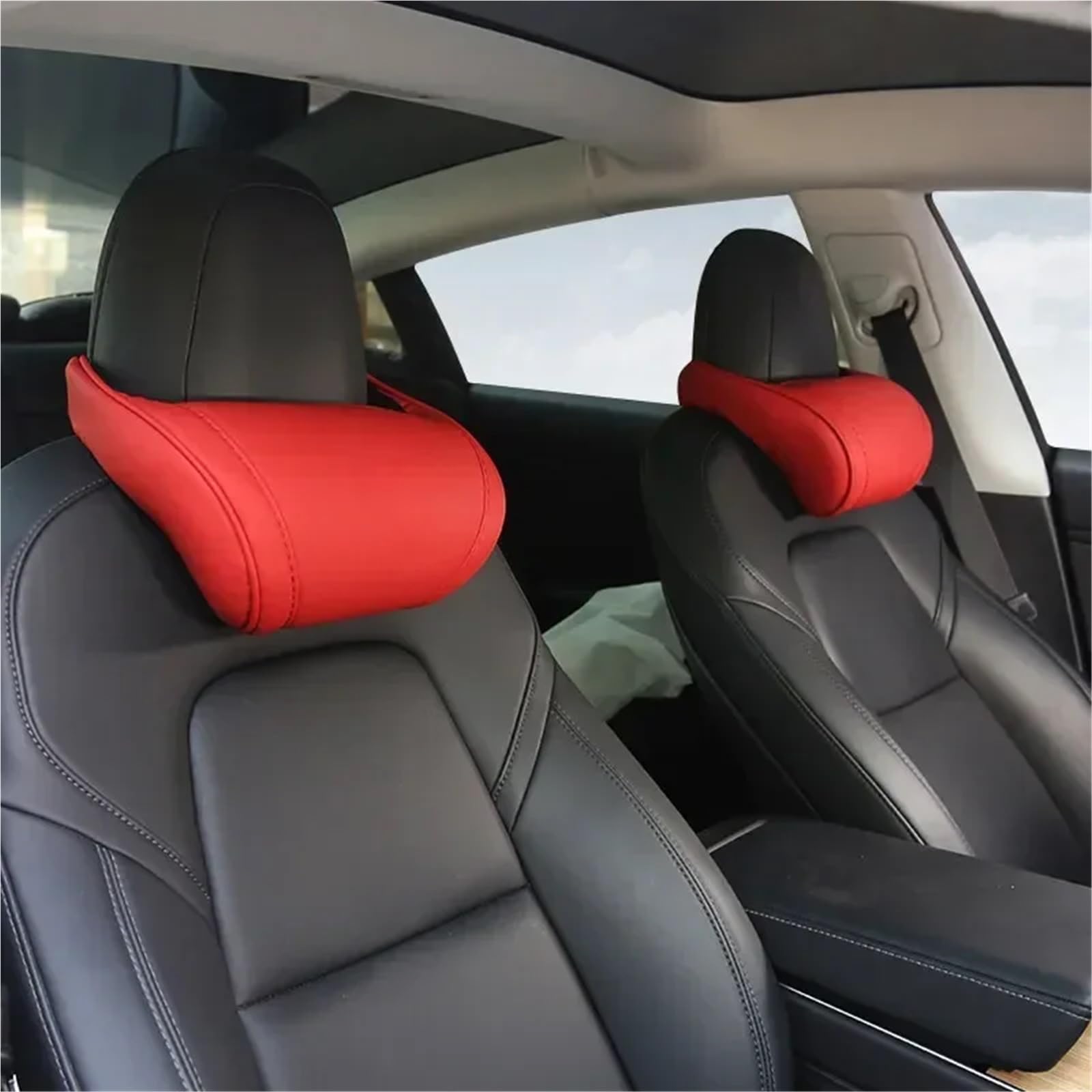 Car Seat Headrest Do Tesla Model 3 SXY 3+ Miękka Wygodna Poduszka Skórzana Podpórka Pod Szyję Zagłówek Fotela Samochodowego Auto poduszka podtrzymująca szyję(White -2pcs)
