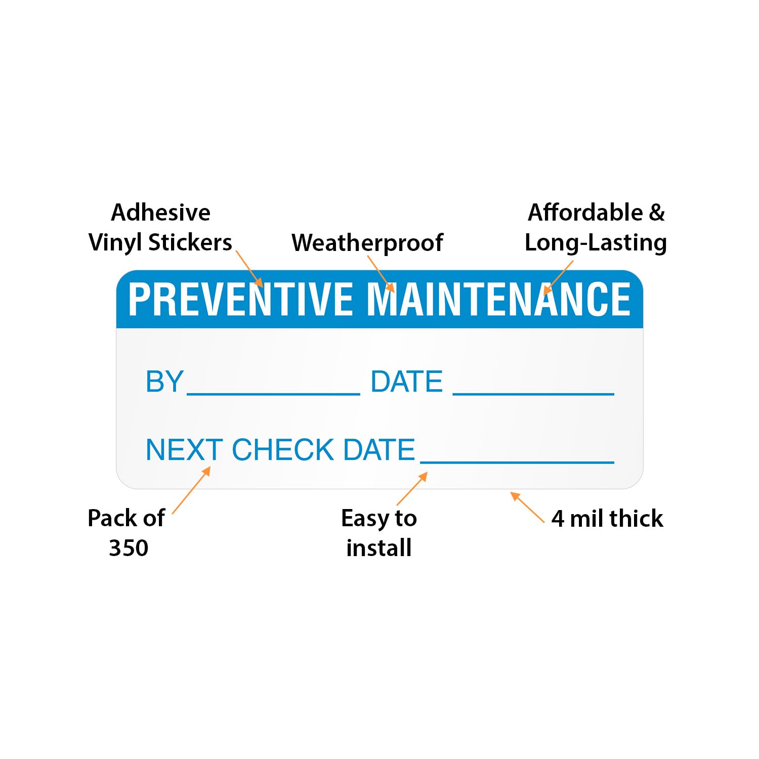 Manutenzione preventiva, 5/20,3 x 3,8 cm 4 mil Wht Flexible vinyl, TC, vinyl Label, 350 Labels/Box