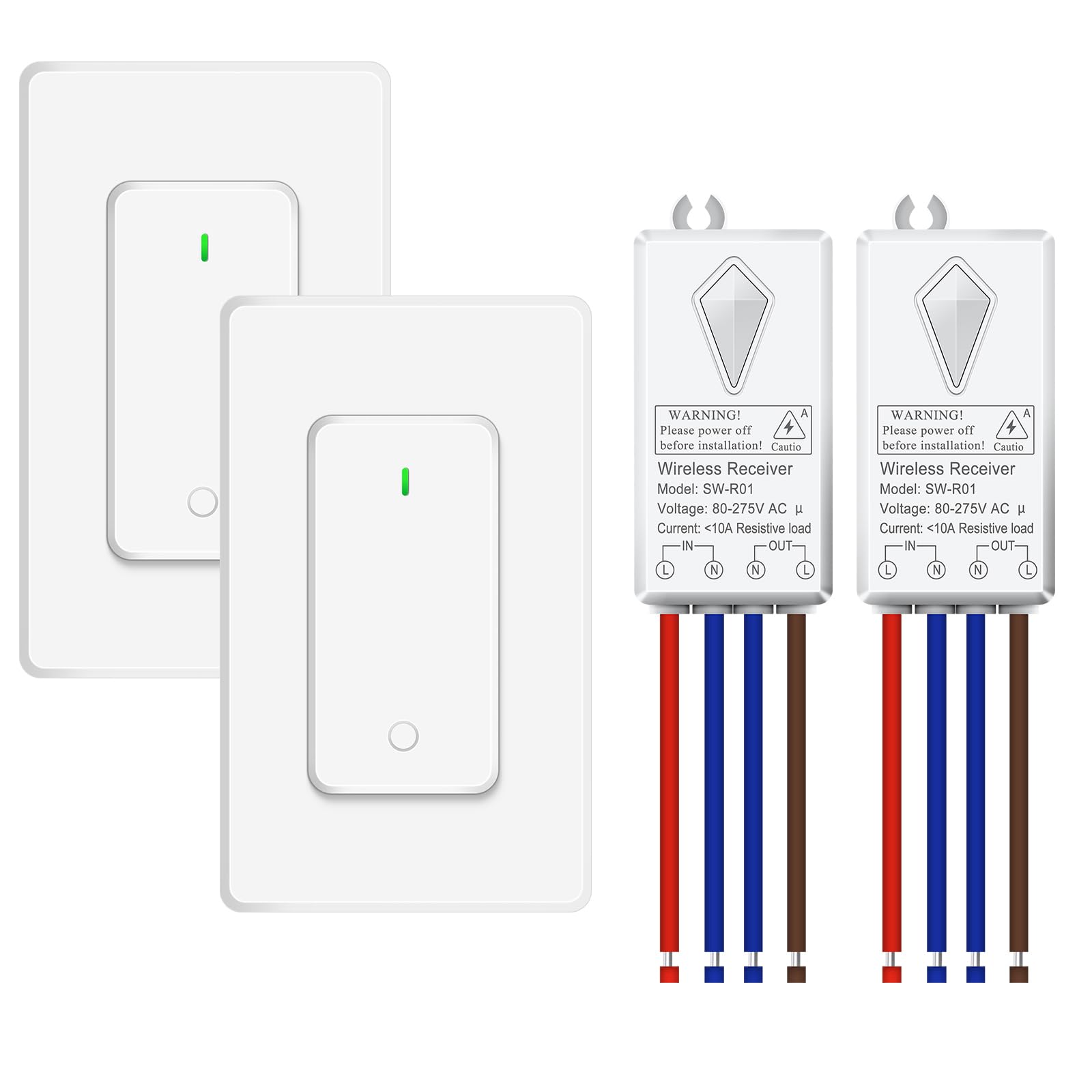 NineLeaf Wireless Light Switch and Receiver Kit,Remote Wall Switch No Wiring Needed,1300FT RF Range for 1000W LED Lights,Ceiling Lights,Fans,IP66 Waterproof for Bathroom,2 Pack