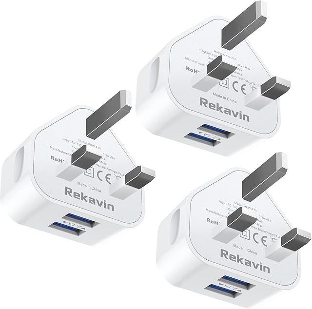 3 Pack USB Plug UK Mains Charger,Rekavin Dual USB Plug Adaptor UK 5V/2.1A Triple Double Port USB Adapter Wall Charge Head with Smart IC Fast Charging for iPhone 13/12/11/XS Max/XR/X/8/7/6Plus,iPad