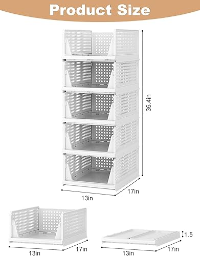 Miniatura 3 de Paquete de 5 organizadores de armario, cesta apilable de plástico para almacenamiento de ropa, apilable, organizadores plegables para armario,