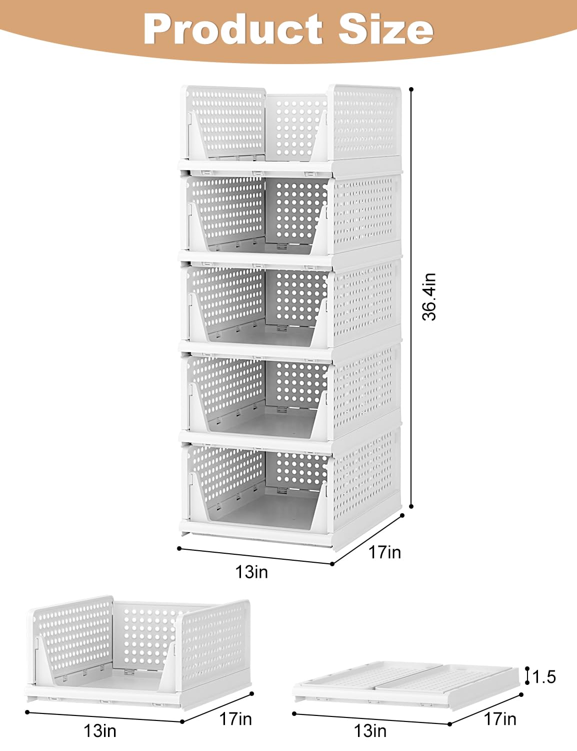 5 Pack Closet Organizer System, Stackable Plastic Clothes Storage Basket, Stackable, Foldable Organizers for Wardrobe Clothes Organizer Suitable for Bedrooms Bathrooms Kitchen Living Rooms Office Dorm