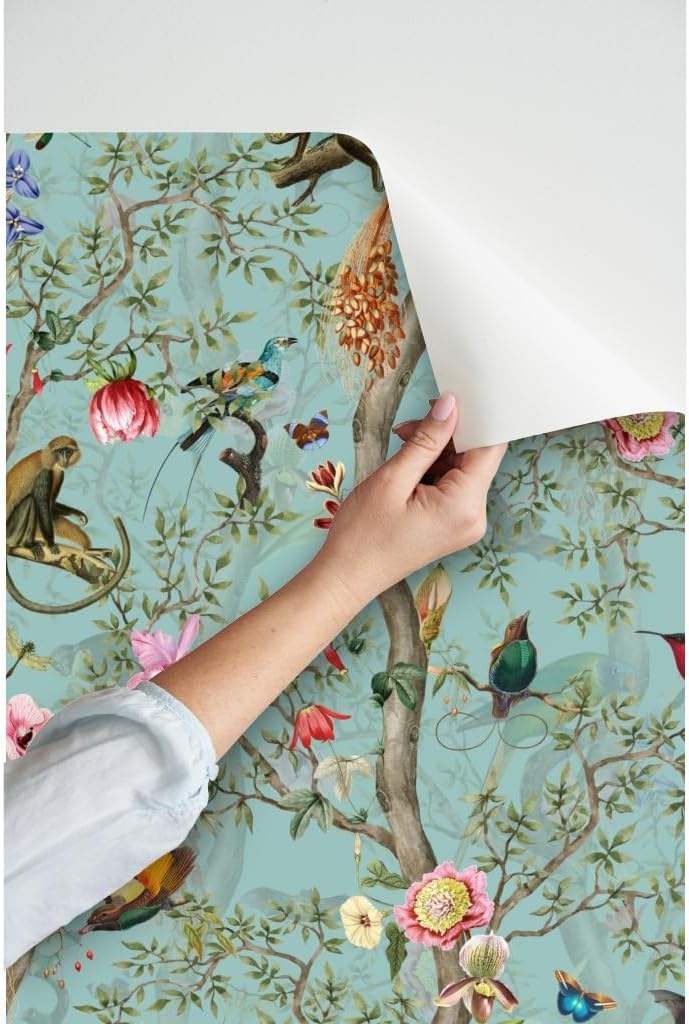 Peel & Stick Wallpaper Swatch - Romantic Chinoiserie Nostalgic Antique Botanical Garden Rococo Flower Toile Monkeys Jungle Custom Removable Wallpaper by Spoonflower