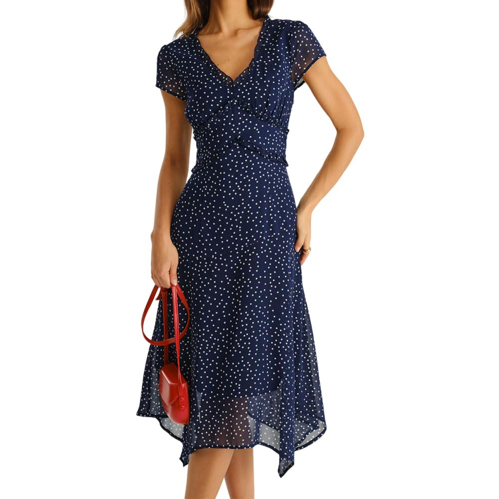 Photo 1 of ***STOCK PHOTO FOR REFERENCE ONLY***RIHOAS Women's Polka Dot Wrap Midi Dress,V-Neck Short Sleeve High Low Hem Womens Summer Dress Ruffle Detail Vacation Boho Dresses NAVY XL
