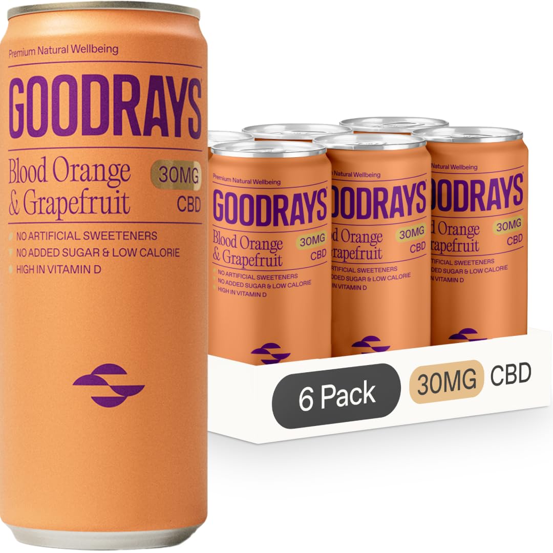 GOODRAYS CBD Drinks, Sparkling Low Calorie Soft Drink, Vegan, Blood Orange & Grapefruit, 6 x 250ml Cans, Packaging May Vary