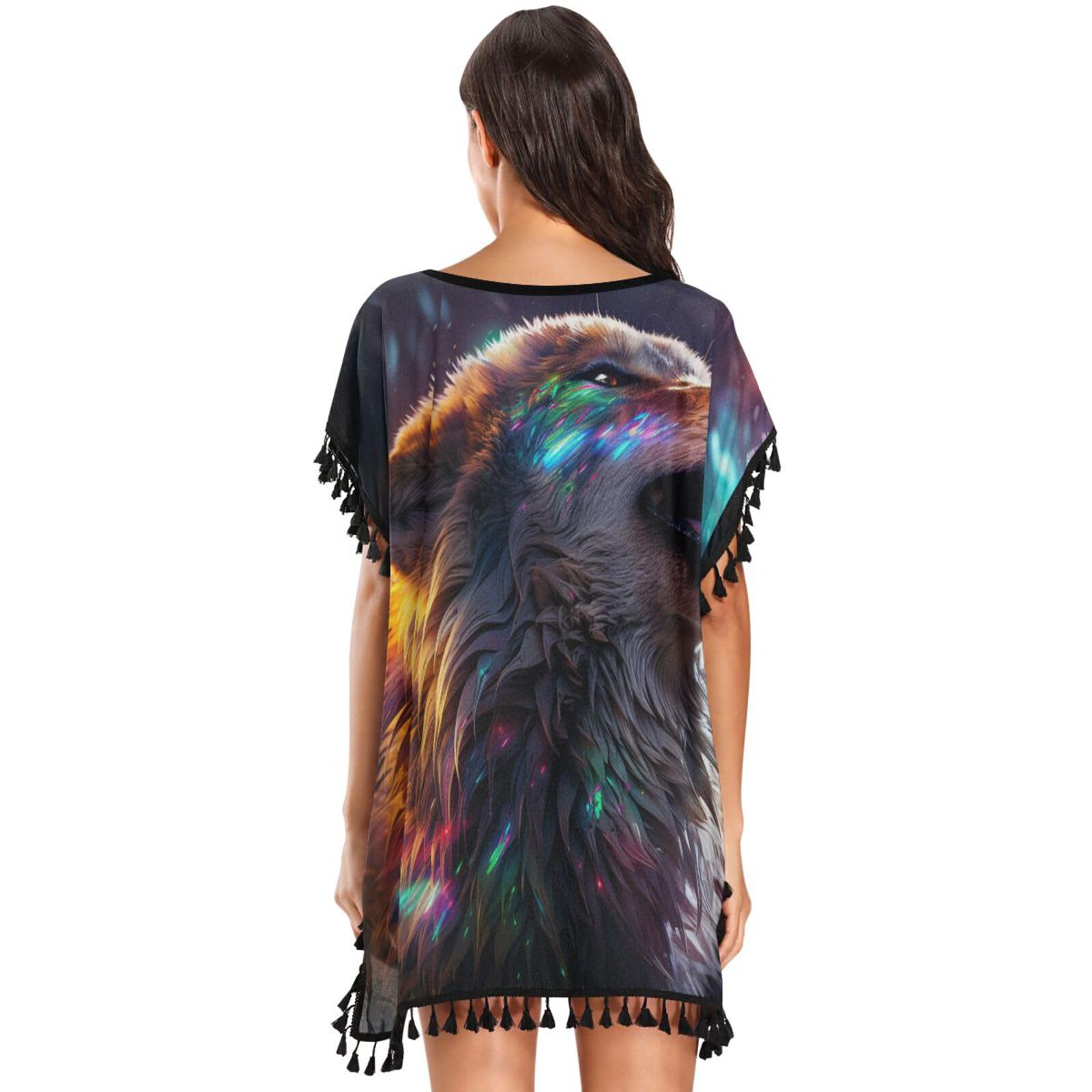Abstract Roar Wolf Black Space Women's Beach Cover Up Chiffon Tassel Swimwear Swimsuit Coverups for Girl
