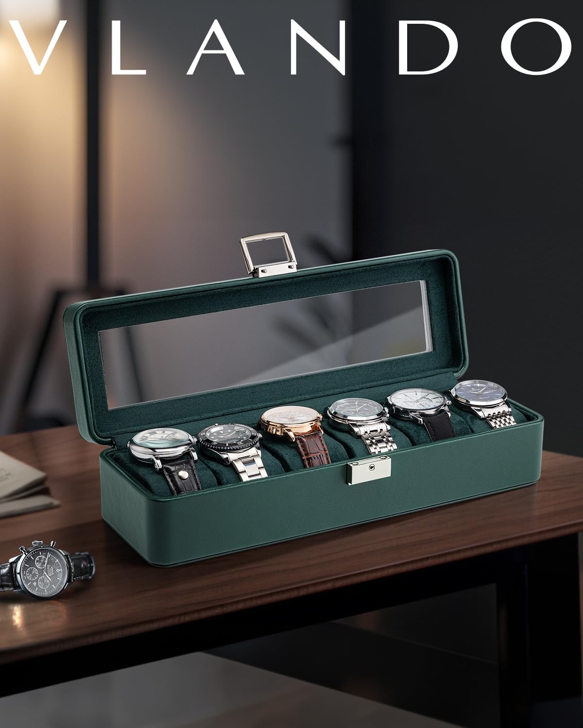 Vlando Watch Case for Men, 6-Slot Watch Box with Glass Lid, Lockable, Business Lychee Leather, Soft Pillow, Gift for Fathers, Husband, Friend - Dark Green