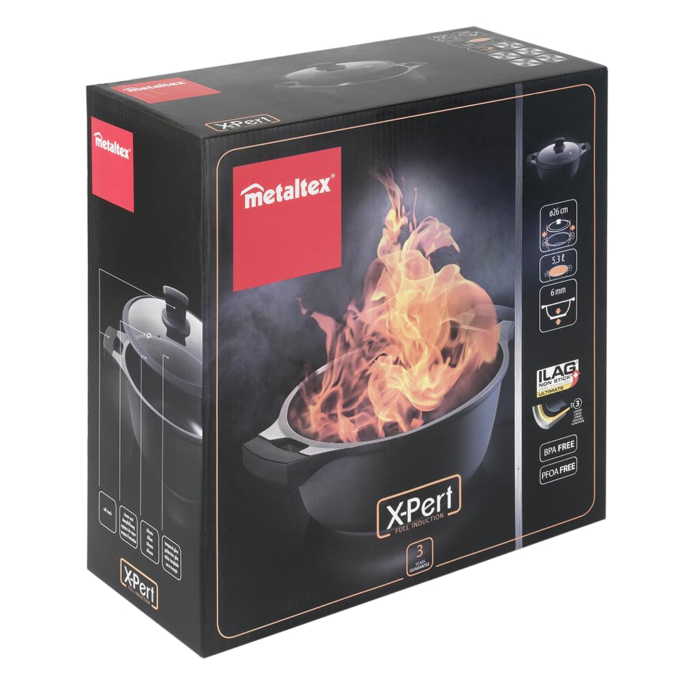 Metaltex XPERT-Cacerola Alta Aluminio Fundido, 26 cm, Antiadherente ILAG 3 Capas, Full Induction válido para Todo Tipo de cocinas, 5.3 litros