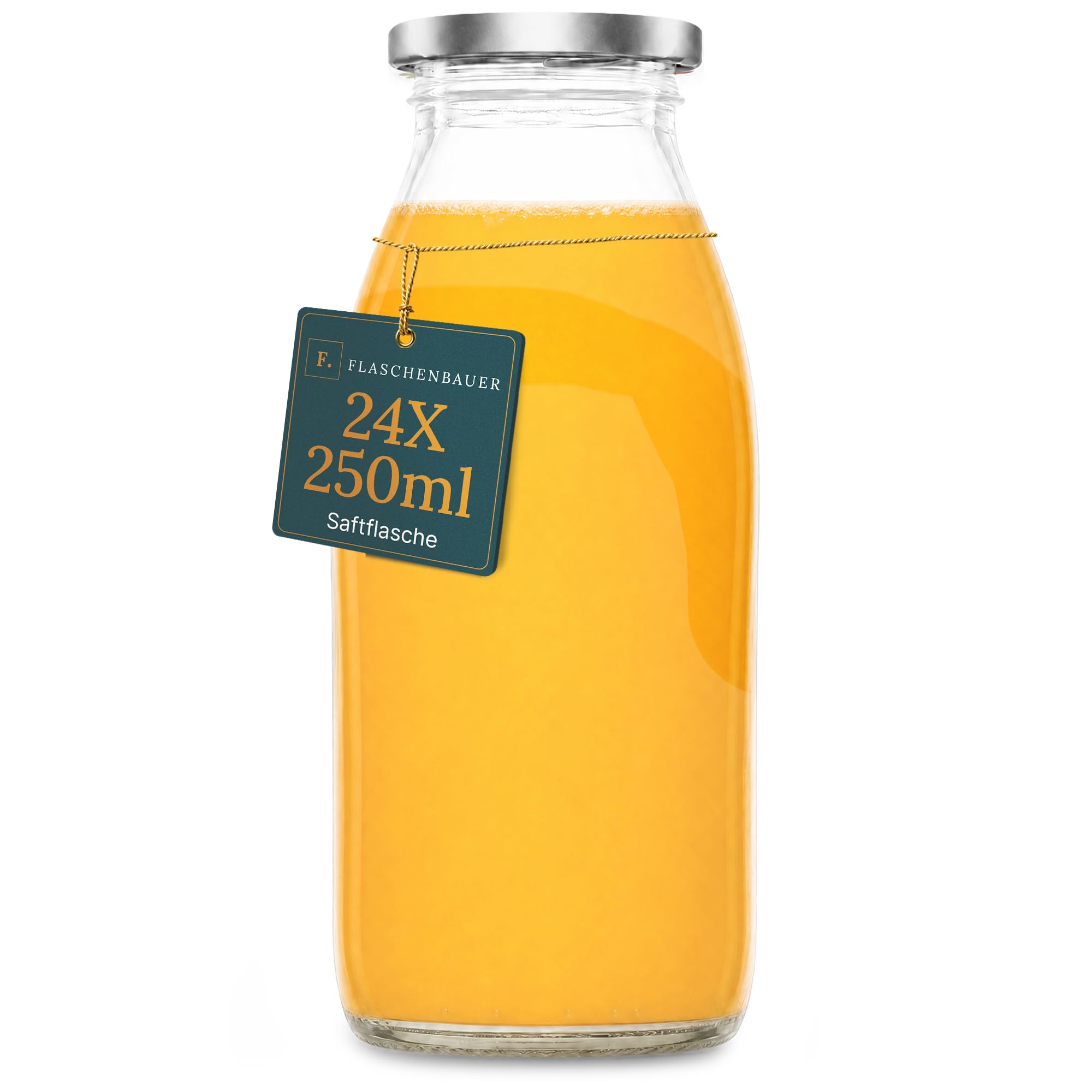 Flaschenbauer - 24x Glasflaschen 250ml mit Deckel TO43 Silber - Flaschen zum Befüllen inkl. Etiketten, Saftflaschen, Milchflaschen, Vorratsflaschen, Einmachgläser, Smoothie Flaschen