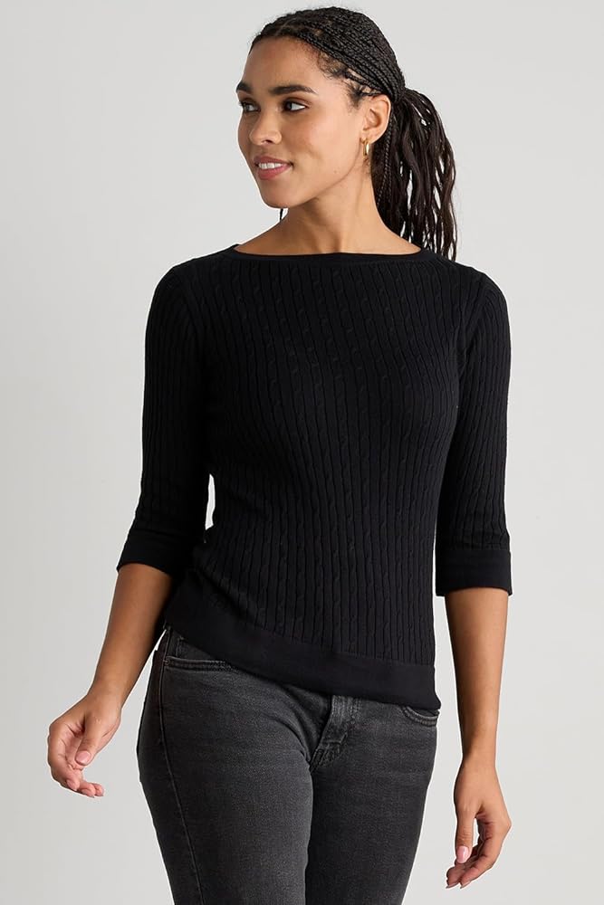 Fair Indigo Women's Organic Cotton 3/4 Sleeve Cable Boat Neck