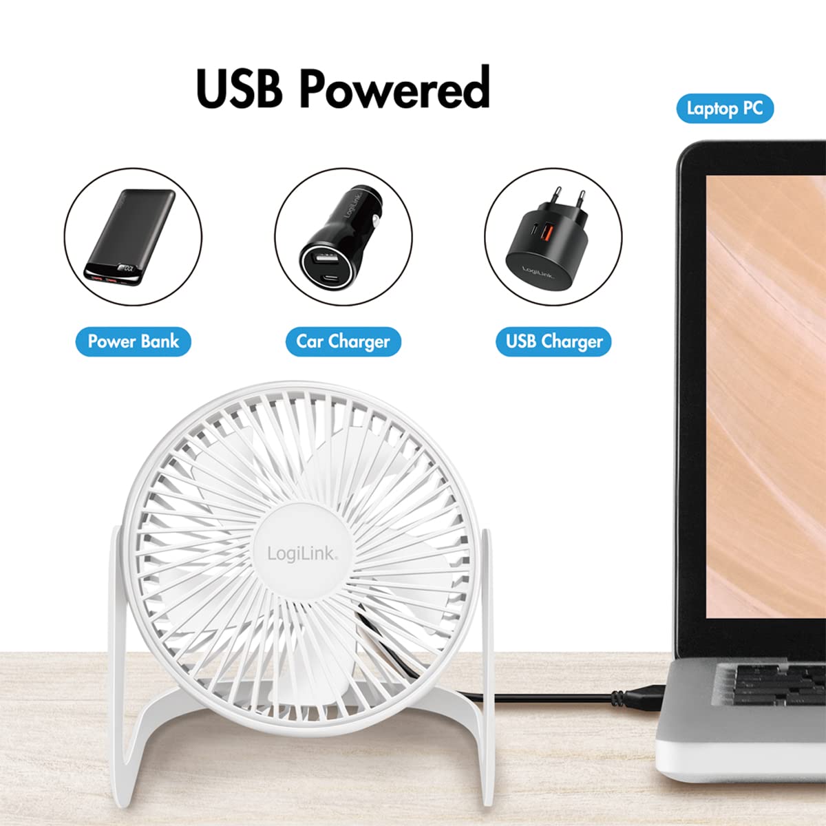 LogiLink Wentylator biurkowy USB, 15,24 cm, 40 dB, biały – 2 stopnie