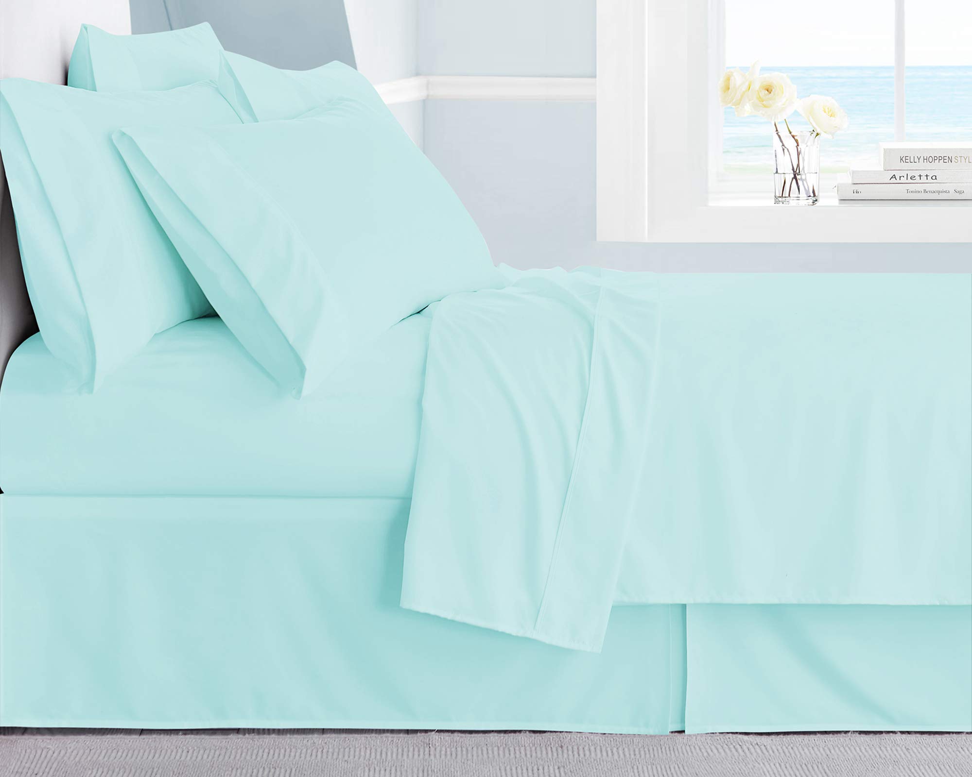 LUXURIOUS BEDDING 800-Thread-Count Egyptian Cotton 6 PC Bed Sheet Set Upto 15" Deep Pocket (1 Fitted + 1 Flat + 4 Pillow Cases) Flat Sheet Euro Double size(87X102in.),Aqua Blue