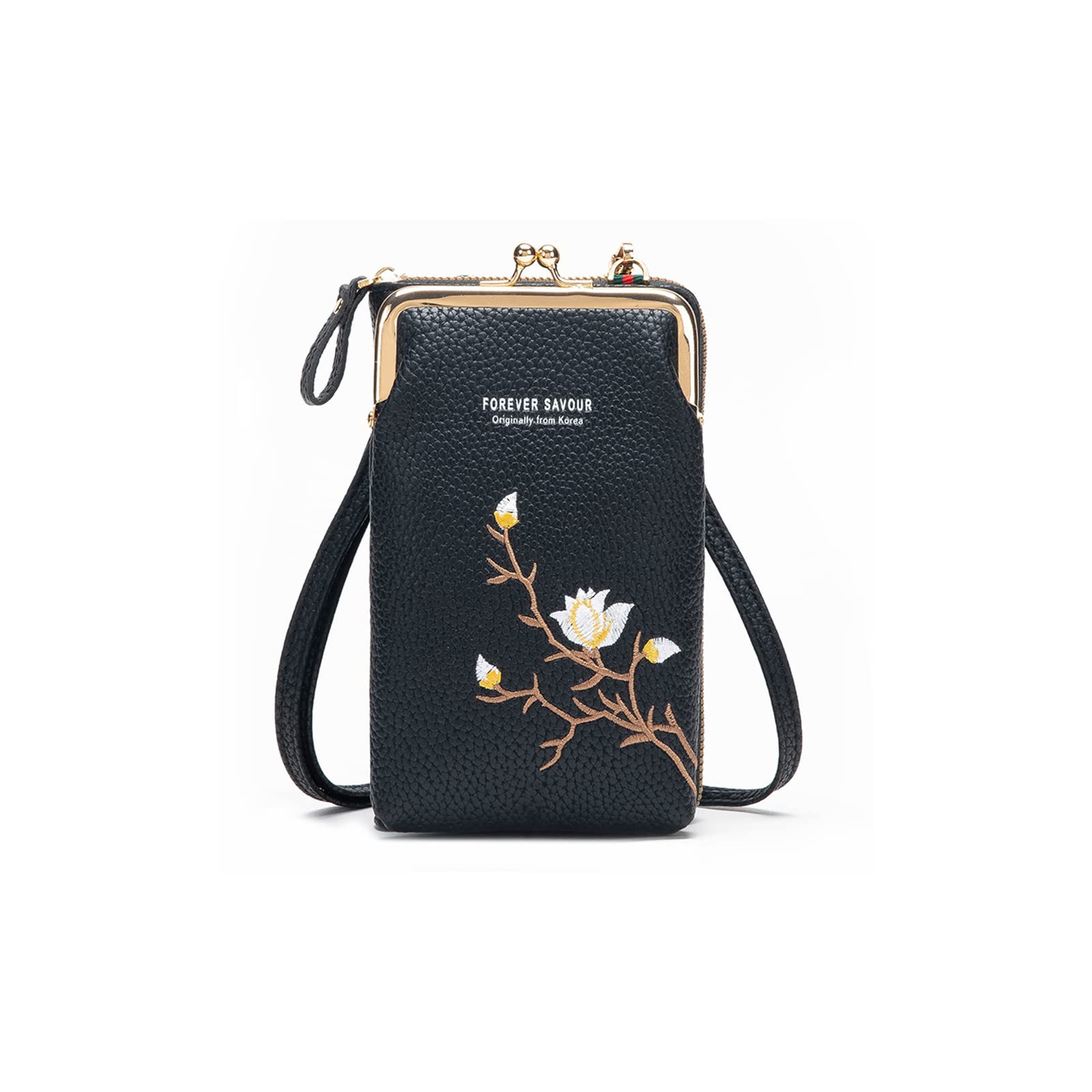 PORRASSO Fashion Phone Bag Crossbody Bag Women Purse Shoulder Bag with Card Slots Leather Mini Wallet Black