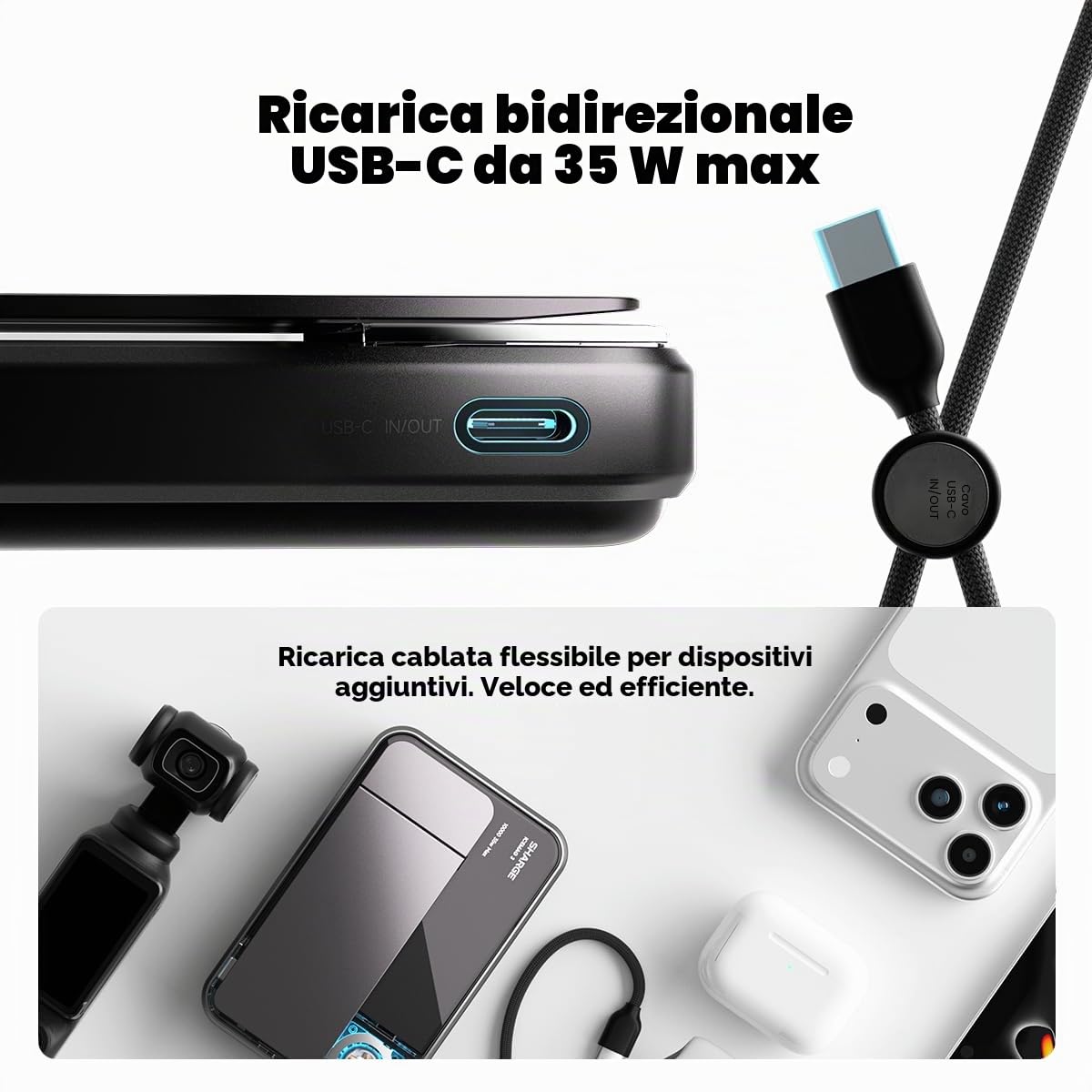 sharge ICEMAG 3 Magsafe Power Bank 10000mAh, Qi2.2 25W Caricabatterie portatile wireless con raffreddamento attivo 3.0, cavo integrato da 35 W USB-C ricarica rapida, design RGB trasparente per iPhone
