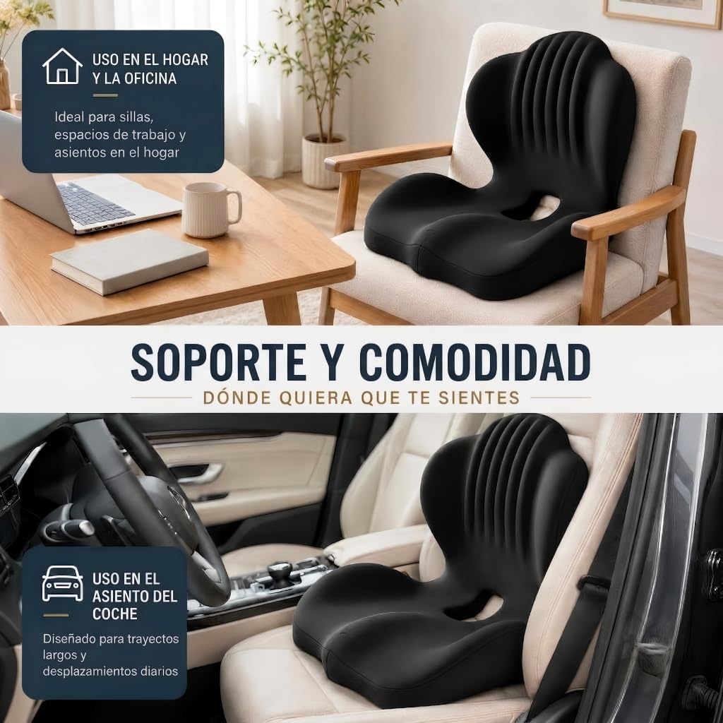 Cojín de asiento ergonómico y soporte lumbar, respaldo de espuma viscoelástica en forma de L para silla de oficina, coche y hogar, corrector de postura integrado con funda lavable (Negro y gris)