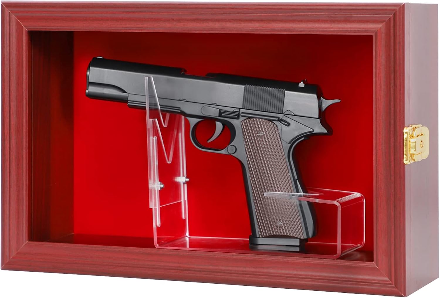 HOROW Single Handgun Pistol Revolver Gun Display Case Wall Mount Lockable Black Felt Wood Cabinet w/ 98% UV Protection Acrylic Clear Door Gun Shadow Box Stand Rack Holder