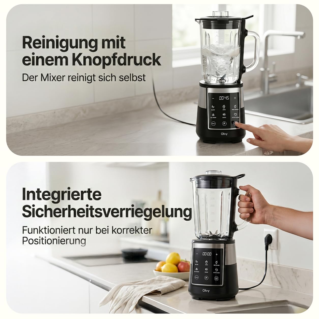 Olvy Standmixer Smoothie Maker 1500ml Glas To-Go LED Timer 6 Klingen-Black