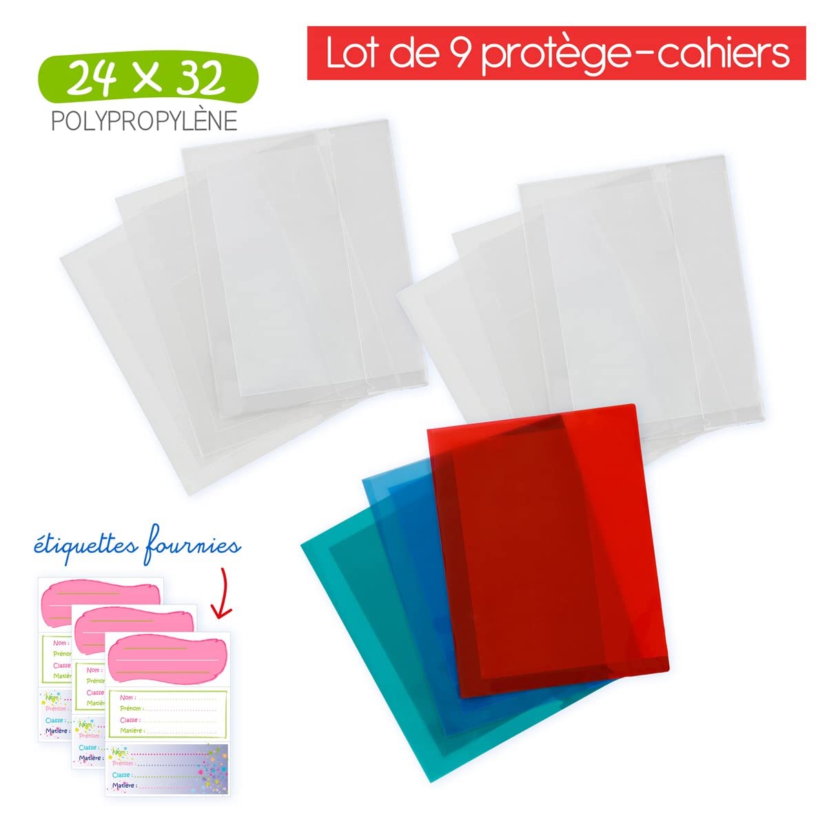 Viquel - Lot de 9 Protèges Cahiers 24X32 Transparents avec Rabats et Étiquette