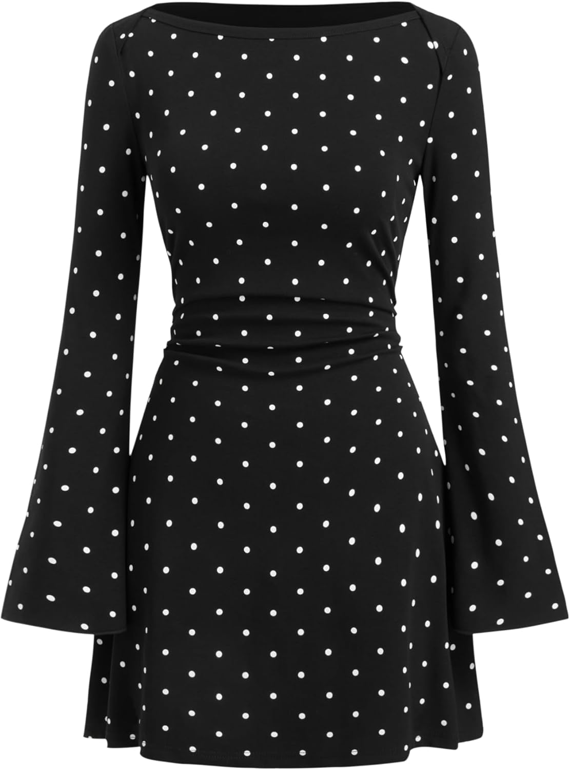 CIDER Polka Dot Dress Women Mini Dress Long Sleeve Boat Neck High Waist Bell Sleeve Ruched A Line