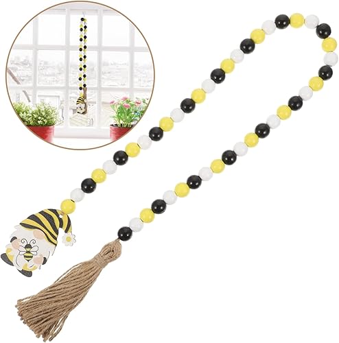 Miniatura 7 de SEWACC 3pcs Bee Festival Wooden Bead String Farmhouse Beads with Tassel Bee Day Wood Garland Wood Bead Tassel Banner Libros Decorativos para Mesa De