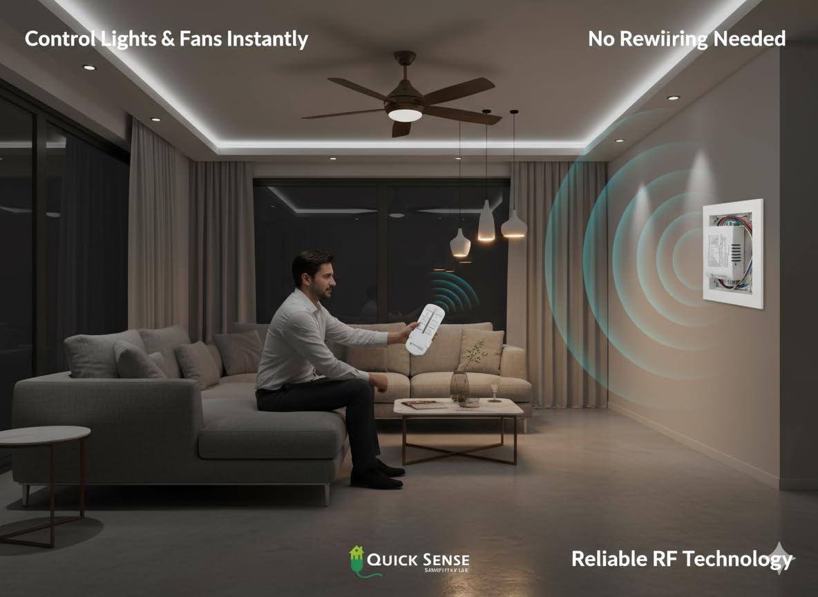 Quick Sense (QS-RF01) 4-Way RF Remote Control Switch – Wireless Remote Operated Light & Fan Controller, Standard Size Smart Switch for Home, Office & Automation 4