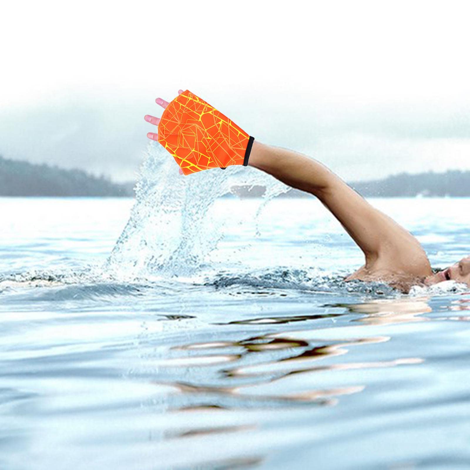 RNXRZANK 3X Nylon Swimming Gloves with Wrist Strap Surfing Snorkeling Diving Hand Fin Orange