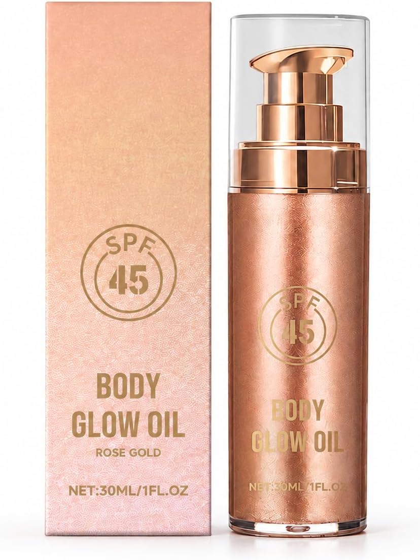 Body Glow Oil SPF 45 olejek do ciała, z połyskiem, z brązowym połyskiem, odporny na działanie wody, połyskujący olejek do ciała, lekki, błyszczący, na ramiona, ramiona i dekolt, wykończenie w kolorze