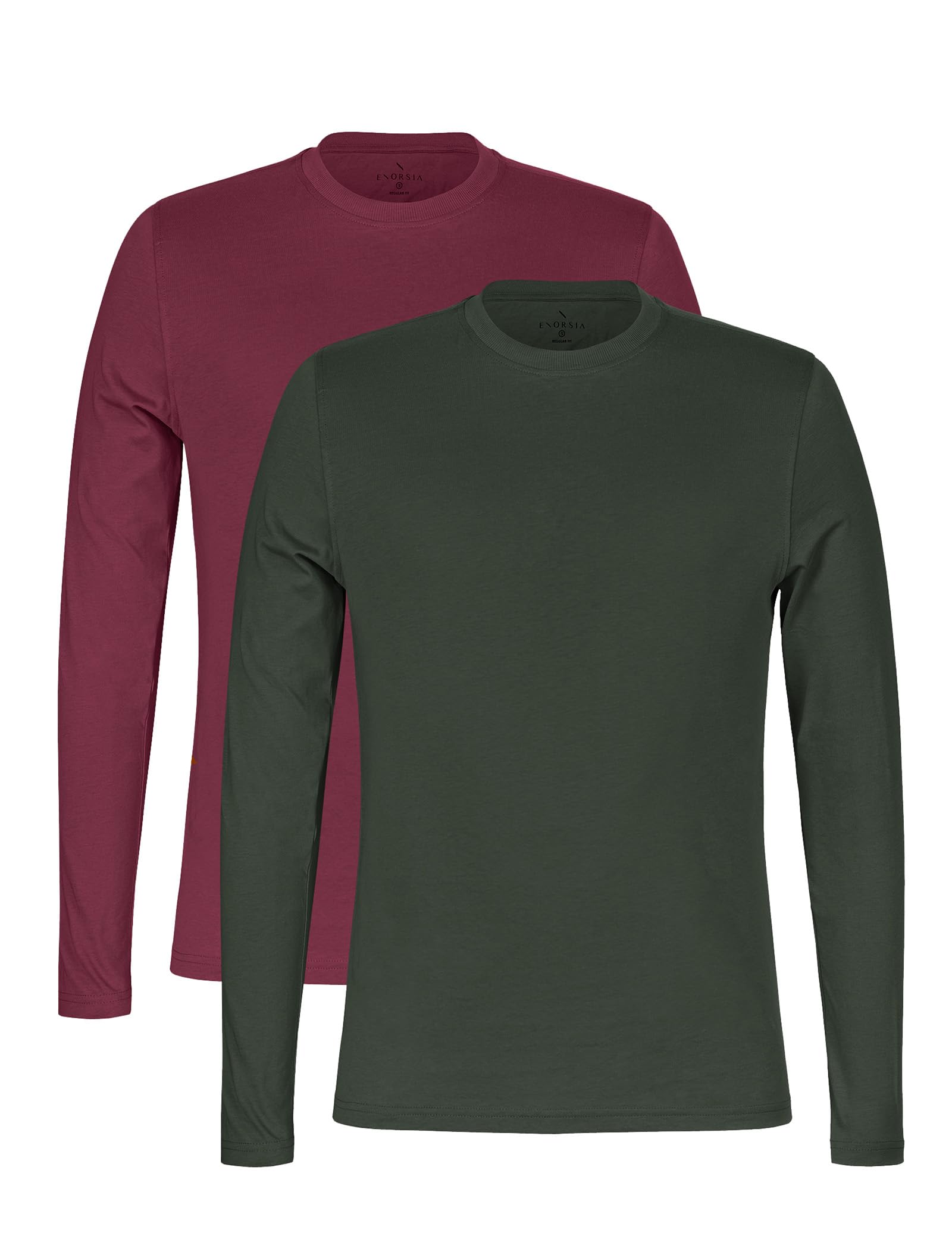 Enorsia Men's Maroon/Olive Bargundy- Long Sleeve Cotton T-Shirt 2 Pack - Uk M