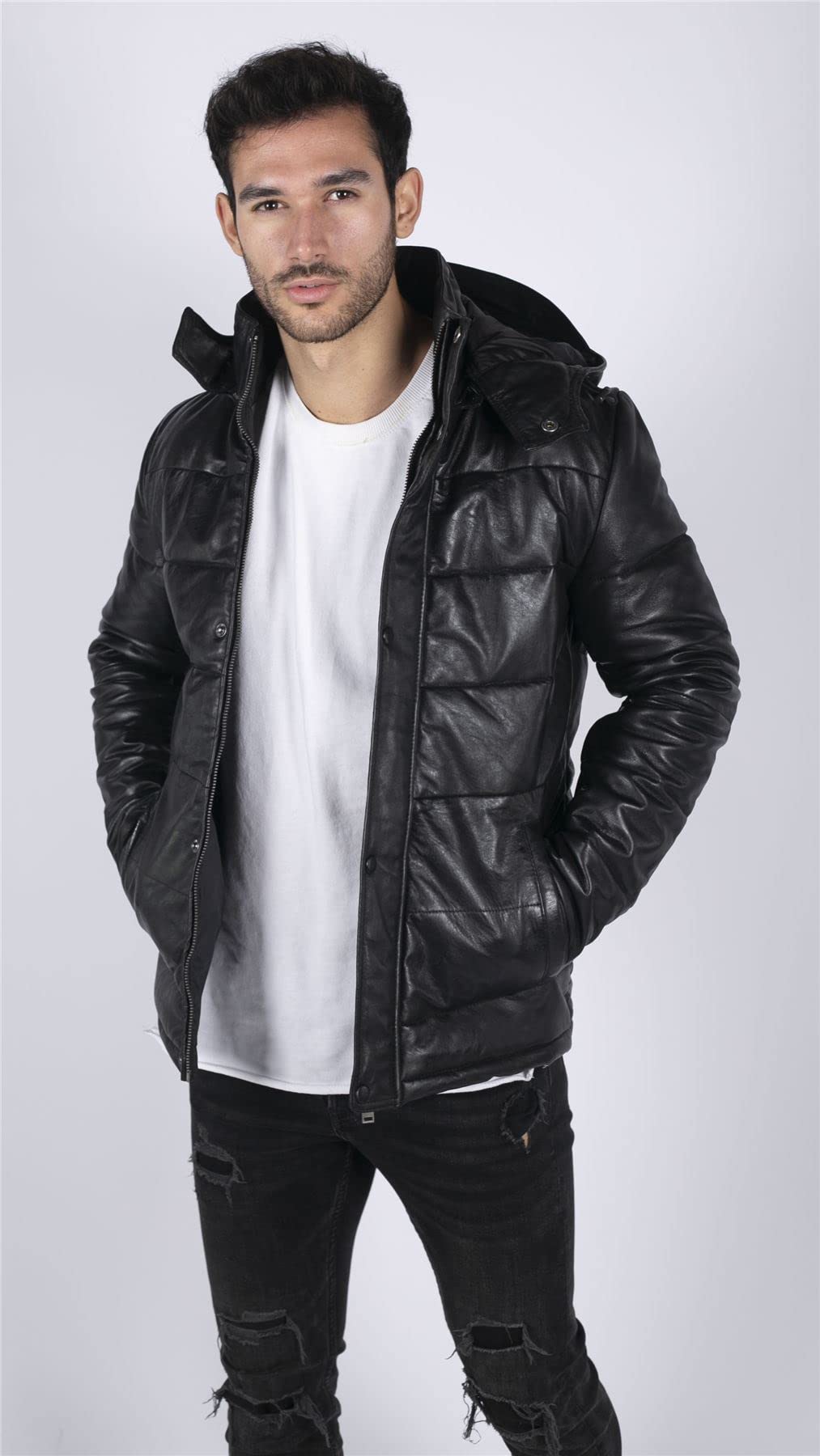 TruClothing.com Herren Puffer Steppjacke Echtleder Schwarz Casual Retro 80er Classic