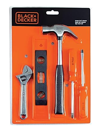 BLACK+DECKER BD75915 5-Pieces Toolkit with Adjustable Wrench, Torpedo Level, Tubular Hammer, Screwdriver & Cross Screwdriver for Home & DIY Use, 6 Months Warranty, ORANGE & BLACK