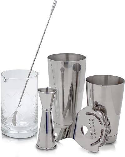 Juego de barman profesional para bebidas agitadas y agitadas: coctelera Boston, colador Hawthorne, Jigger japonés, cuchara de bar y vaso de mezcla