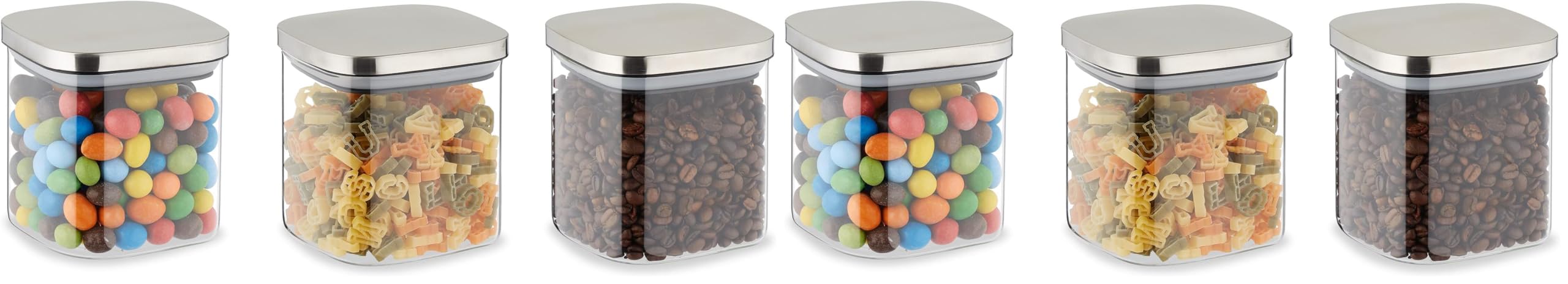 Relaxdays Vorratsgläser mit Deckel, 3er Set, 600 ml, eckige Vorratsdosen, luftdichte Glasbehälter, transparent/Silber (Packung mit 2)