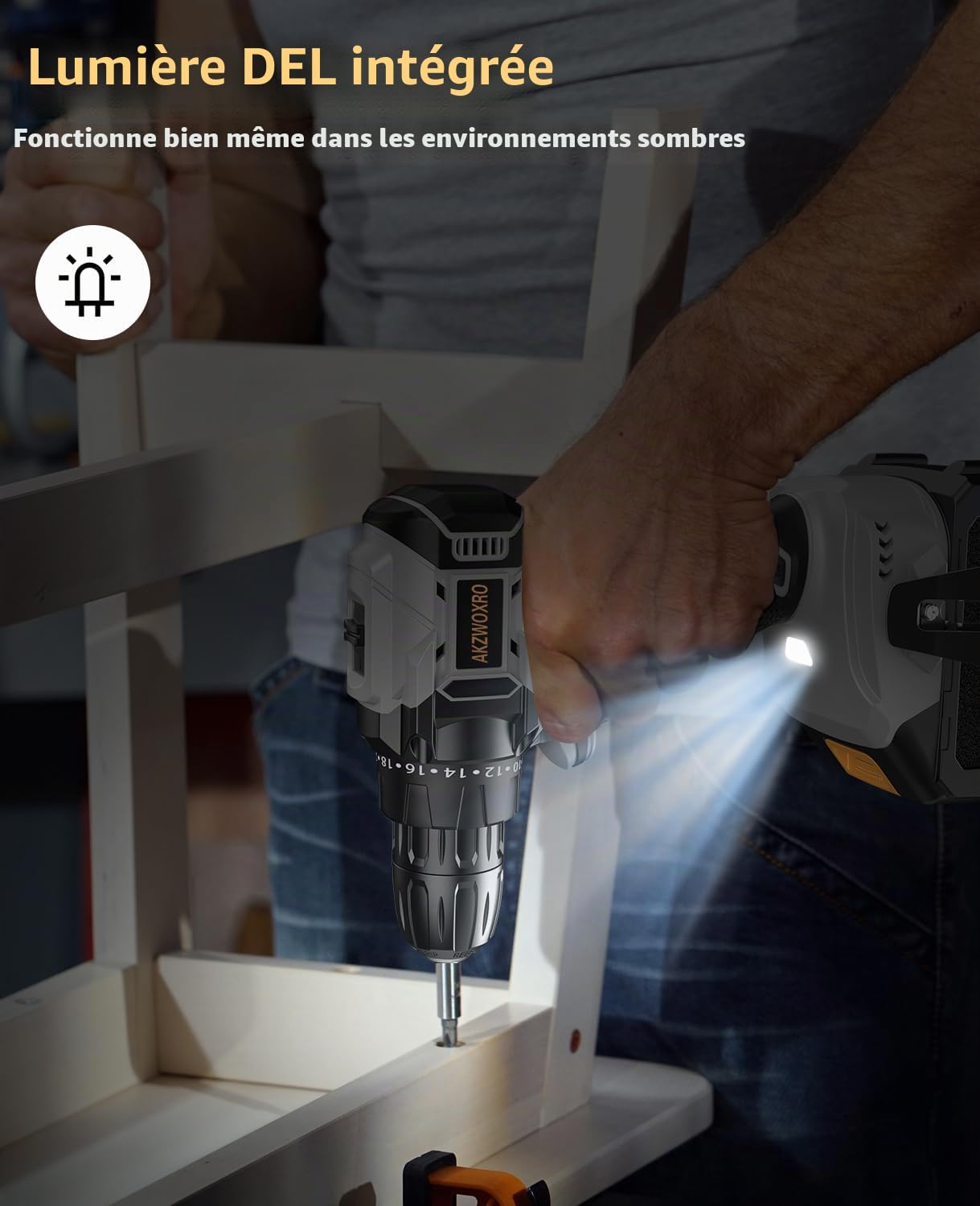 Perceuse Visseuse Sans Fil 21V, Brushless Visseuse Devisseuse avec 2 Batteries 2.0Ah, 45N.m Percussion, 20+1 Réglages de Couple, 14 Accessoires, 2 Vitesses, pour la Bricolage, Gris