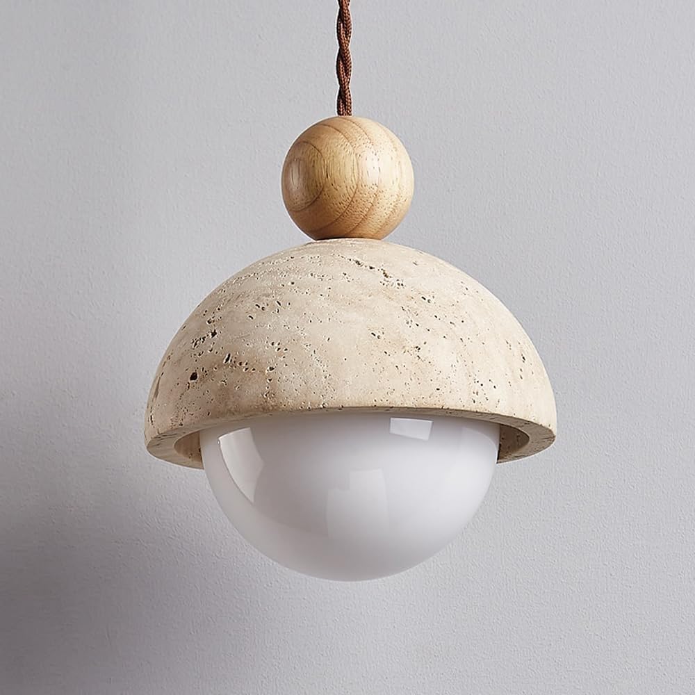 UOPYNE E27 Natural Stone Spherical Pendant Light, Retro Rustic Small Pendant Lamp, Wabi-sabi Style Pendant Lighting for Kitchen Island Dining Room - Solid Wood Suspension Lamps (Color : B)