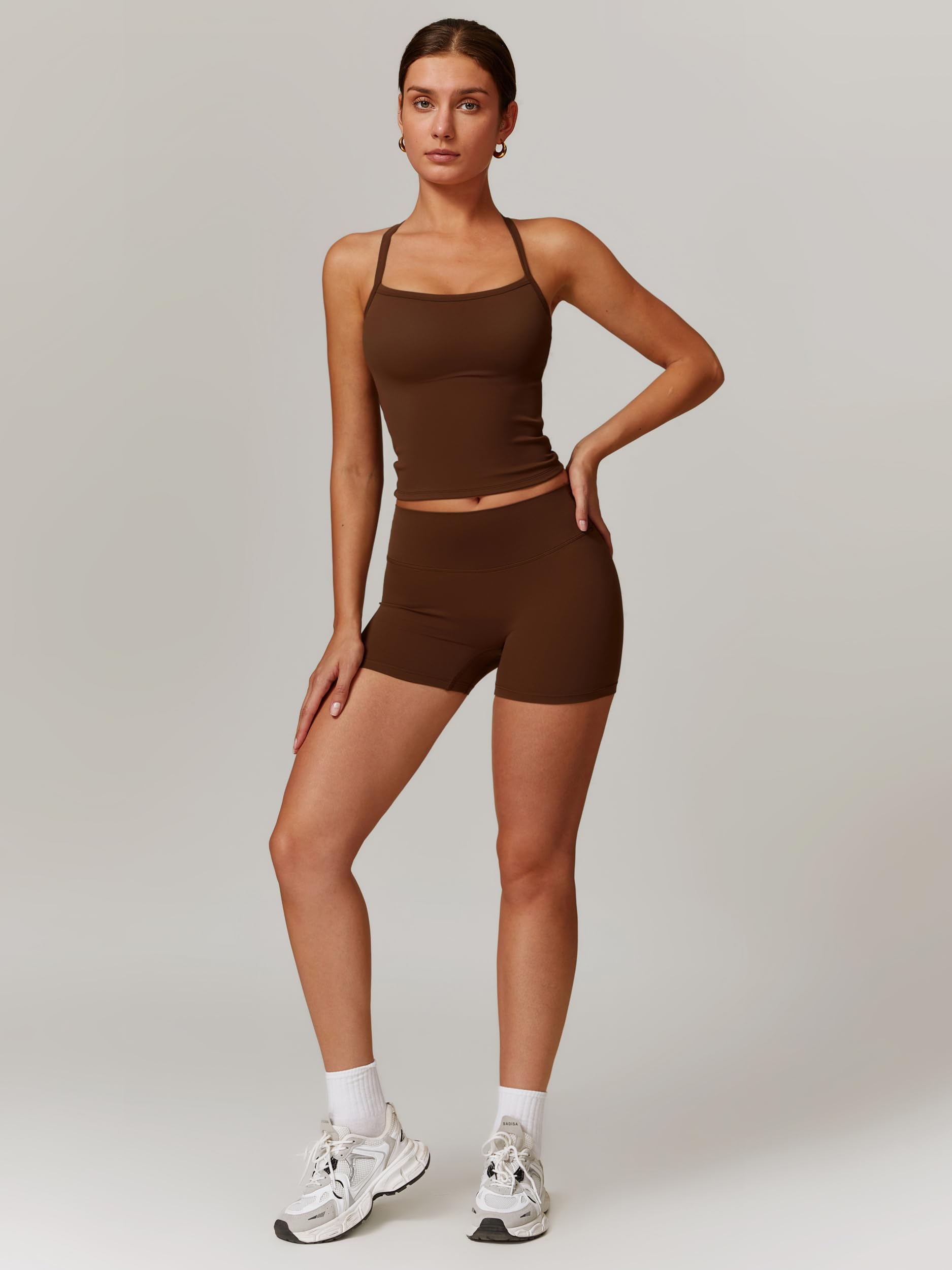 Odizli Set sportivo da donna senza maniche con reggiseno + pantaloncini a vita alta, per palestra, allenamento, yoga, fitness